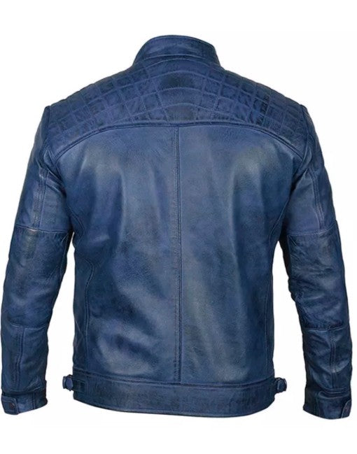 Mens Biker Leather Jacket Standing Collar