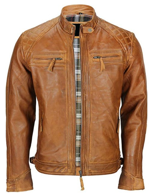 Mens Biker Leather Jacket Standing Collar