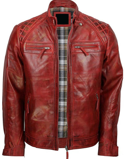 Mens Biker Leather Jacket Standing Collar