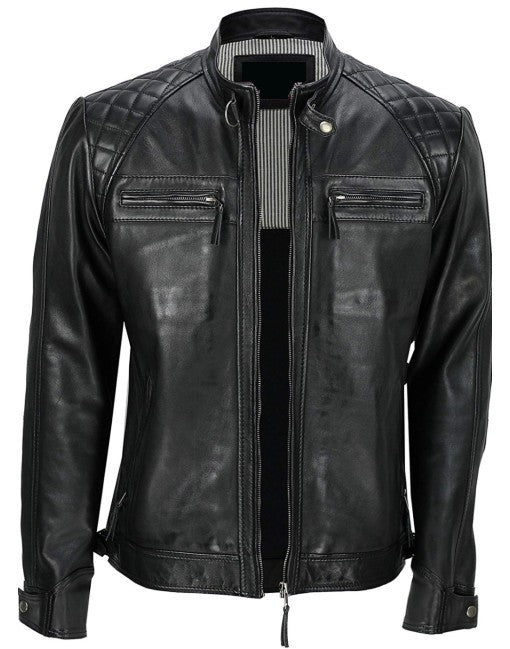 Mens Biker Leather Jacket Standing Collar