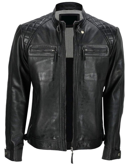 Mens Biker Leather Jacket Standing Collar