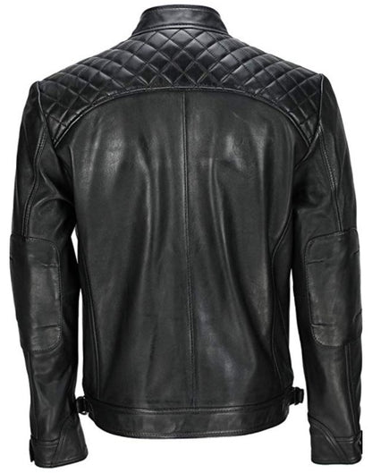Mens Biker Leather Jacket Standing Collar