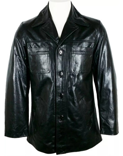 Mens Button Fastening Reefer Leather Jacket