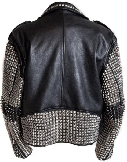 Mens Real Leather Jacket Studded Punk Style Jacket