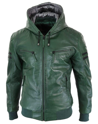 Smart Hooded Bomber Genuine Leather Jacket