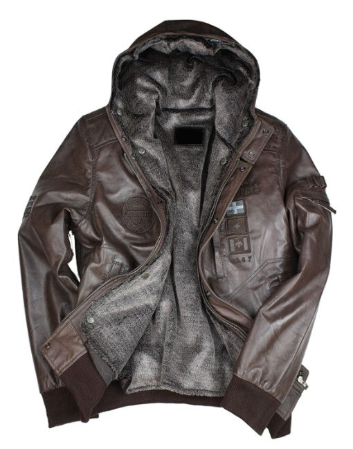 Shearling Hooded Bomber Leather Jacket