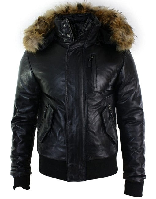 Mens Fox Fur Bomber Leather Jacket