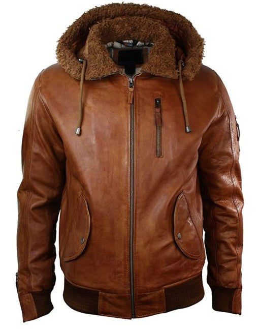 Aviator Hooded Bomber Leather Jacket