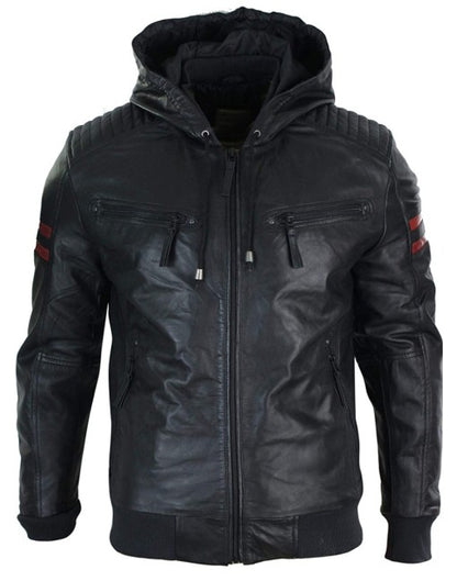 Smart Hooded Bomber Genuine Leather Jacket