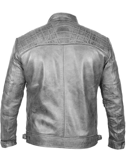 Mens Biker Leather Jacket Standing Collar