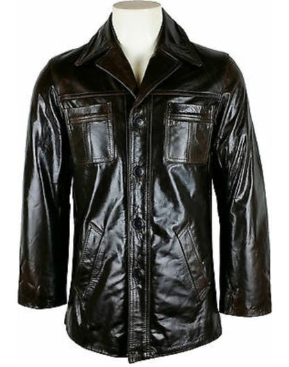 Mens Button Fastening Reefer Leather Jacket