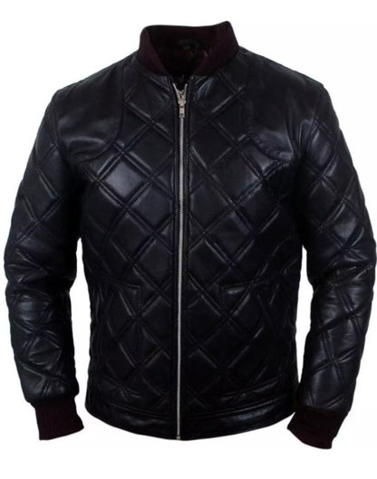 Mens Bomber Leather Jacket with Diamond Cut Quilt