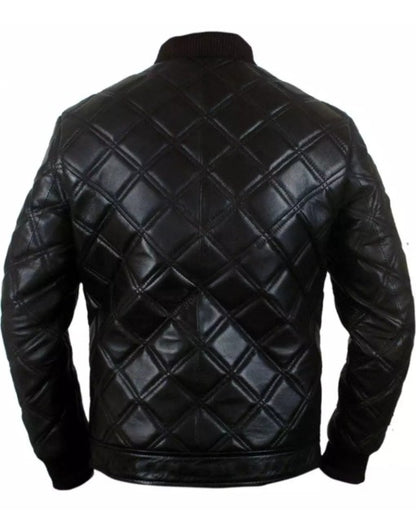 Mens Bomber Leather Jacket with Diamond Cut Quilt