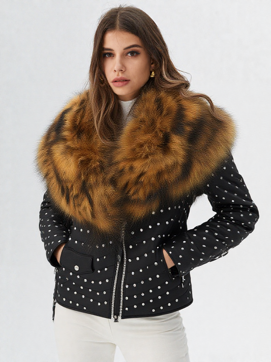 Shiny Studded Leather Jacket With Fur
