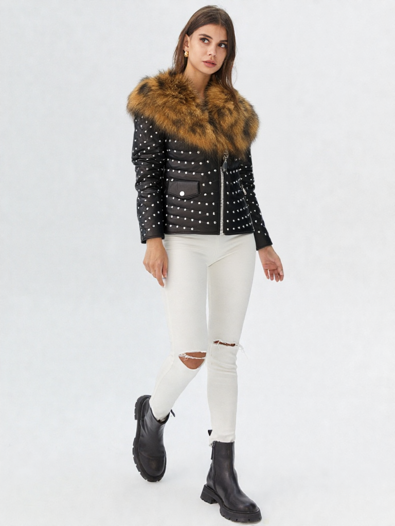 Shiny Studded Leather Jacket With Fur