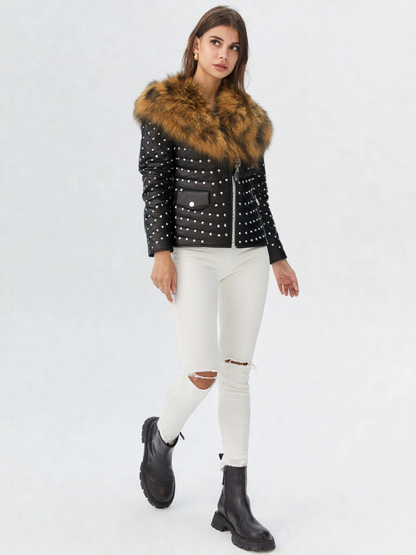 Shiny Studded Leather Jacket With Fur