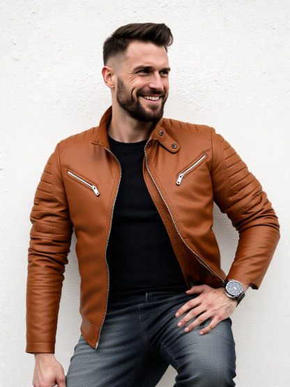 Men’s Brown Motorcycle Biker Stand Collar Quilted Shoulders Casual Classic Café Racer Zip-Up Slim Fit Leather Jacket