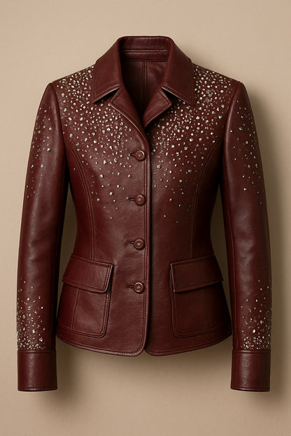 Women's Old Money Burgundy Leather Jacket with Rhinestone Embellishments