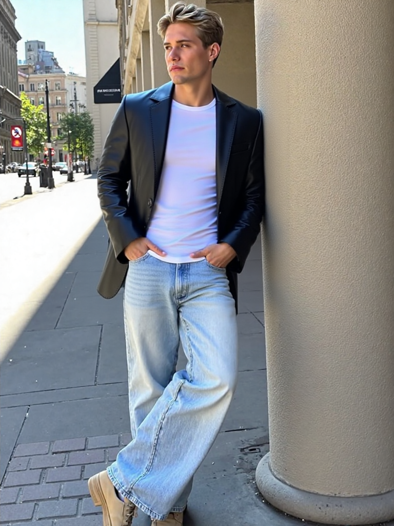 Men’s Black Genuine Sheepskin Single-Breasted Lapel Collar Casual Business Office Leather Blazer