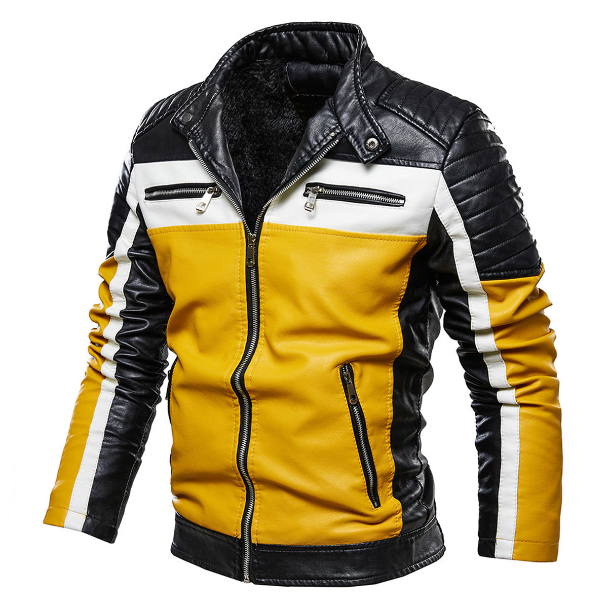 Men’s Mustard Yellow & Black Biker Leather Jacket – Quilted Racer Style