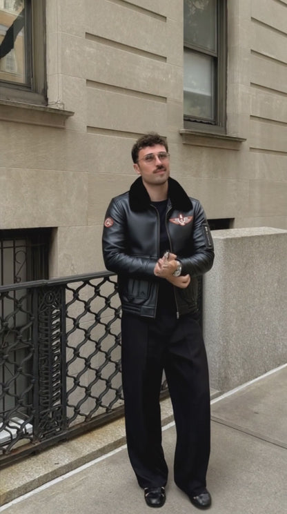 Men’s Black A2 Aviator Genuine Sheepskin Sherpa Faux Fur Turn-Down Collar G1 Military Air Force Leather Jacket