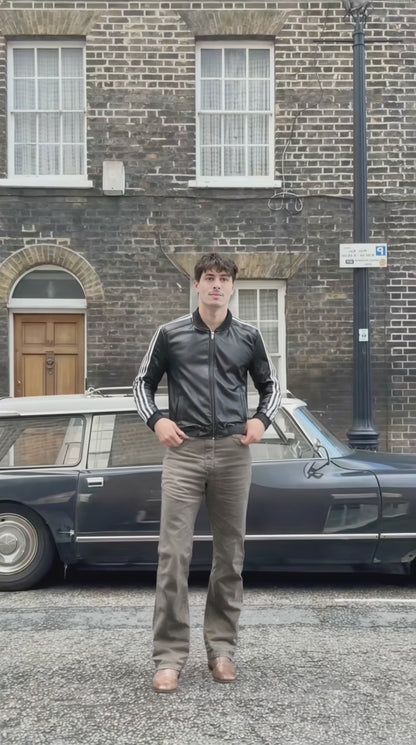 Men's Genuine Sheepskin Baseball Jacket Classic White Stripe for Winter Autumn Leather Bomber Jacket