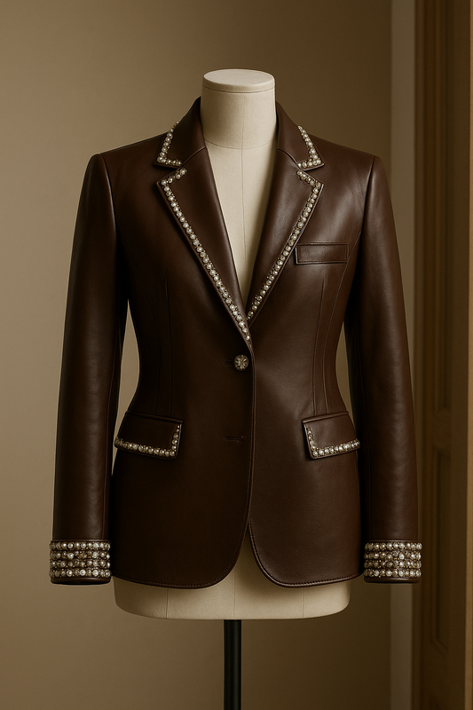 Women’s Chocolate Brown Pearl-Trim Leather Blazer | Luxury Genuine Leather Coat