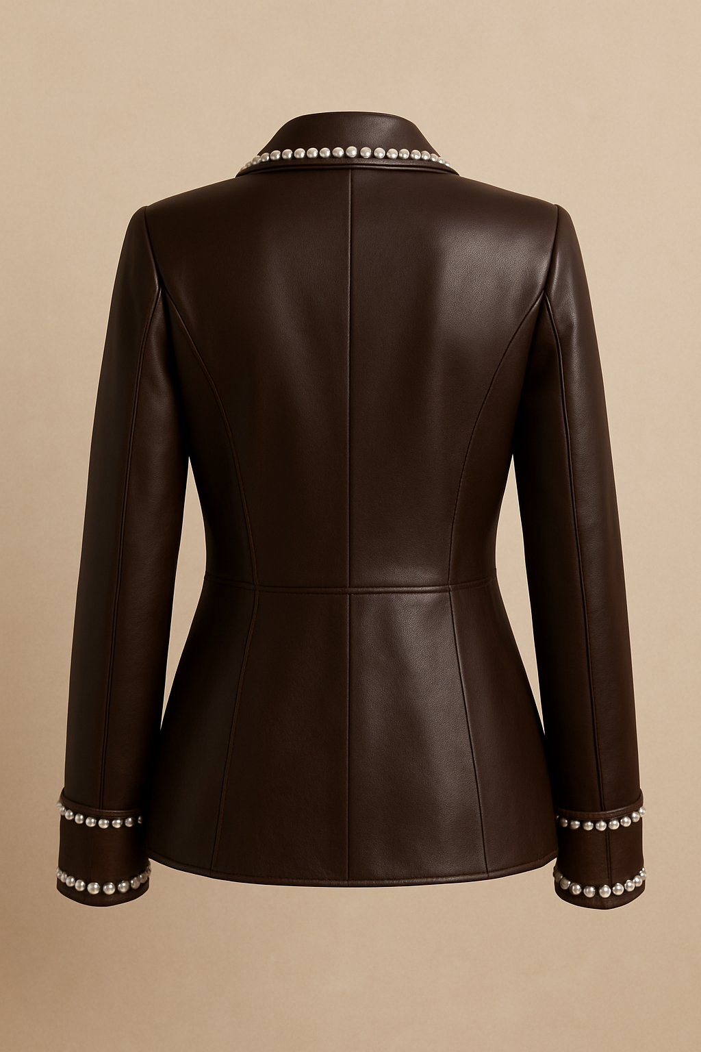 Women’s Chocolate Brown Pearl-Trim Leather Blazer | Luxury Genuine Leather Coat